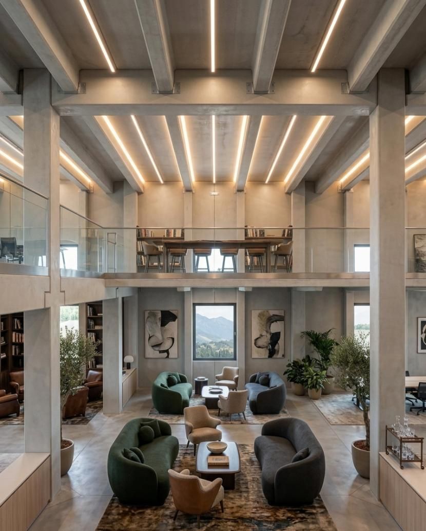 Vestíbulo moderno con techos altos, sillas verdes y grises, mesas de madera y obras de arte con vistas a la montaña.
