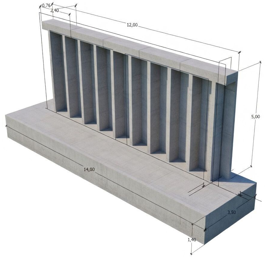 Modelo 3D de una barrera de hormigón con aletas verticales sobre una base rectangular, con líneas de cota.