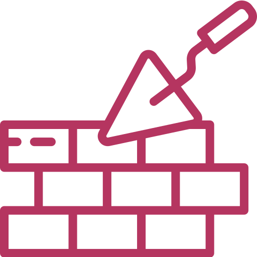 Icono magenta que representa una paleta sobre una pared de ladrillos, sugiriendo trabajos de albañilería o construcción.