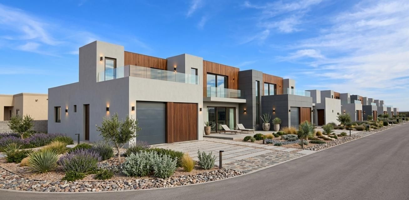 Hilera moderna de casas adosadas beige y grises con jardines desérticos bajo un cielo azul.