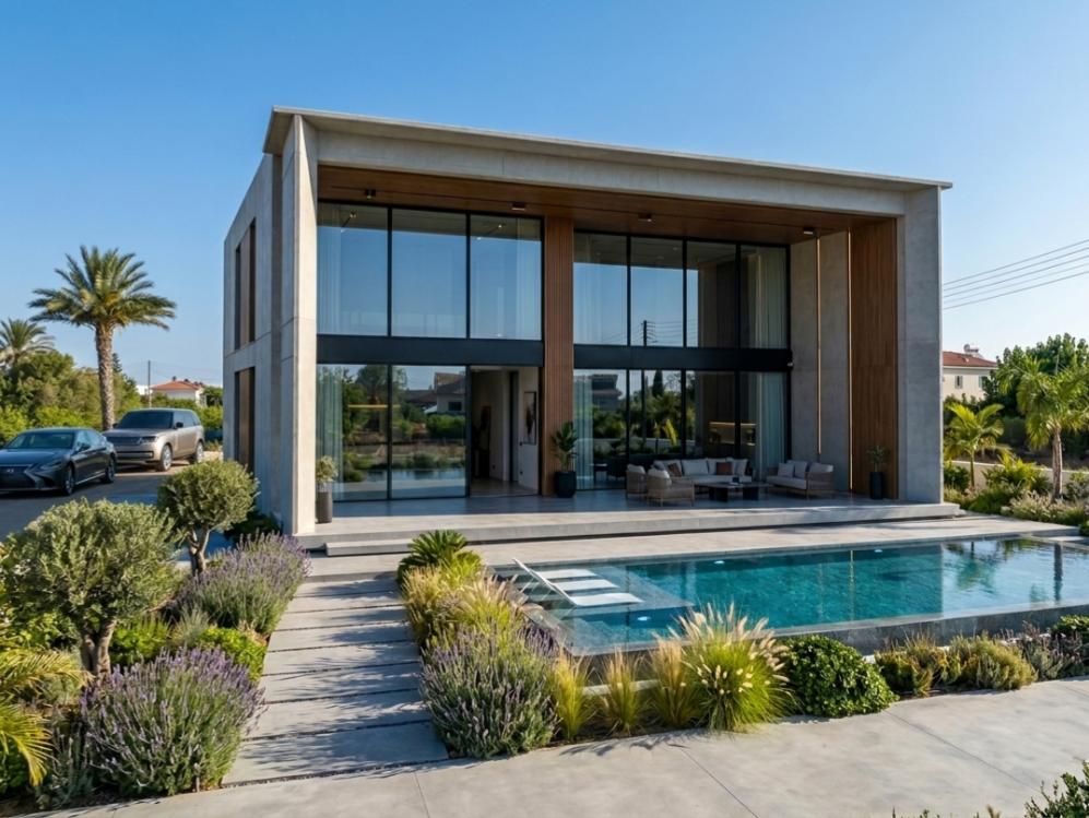 Casa moderna de hormigón con grandes ventanales y piscina en un jardín paisajístico.