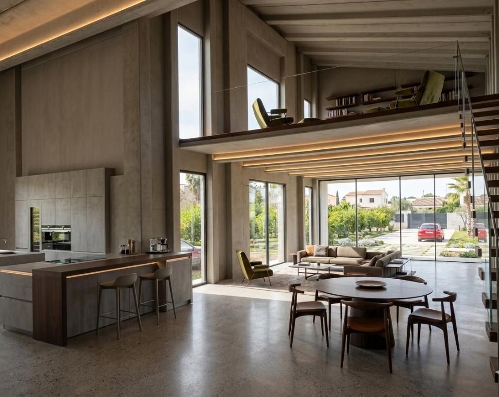 Comedor moderno con mesa de madera, taburetes de bar, grandes ventanales y vistas despejadas a una calle arbolada.