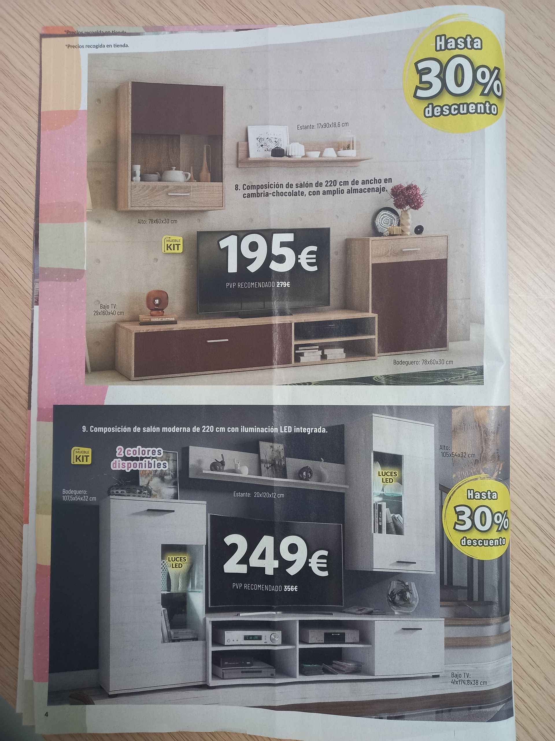 Un folleto publicitario que muestra dos conjuntos diferentes de muebles modulares para salón con precios de 195€ y 249€, ambos con un 30% de descuento.