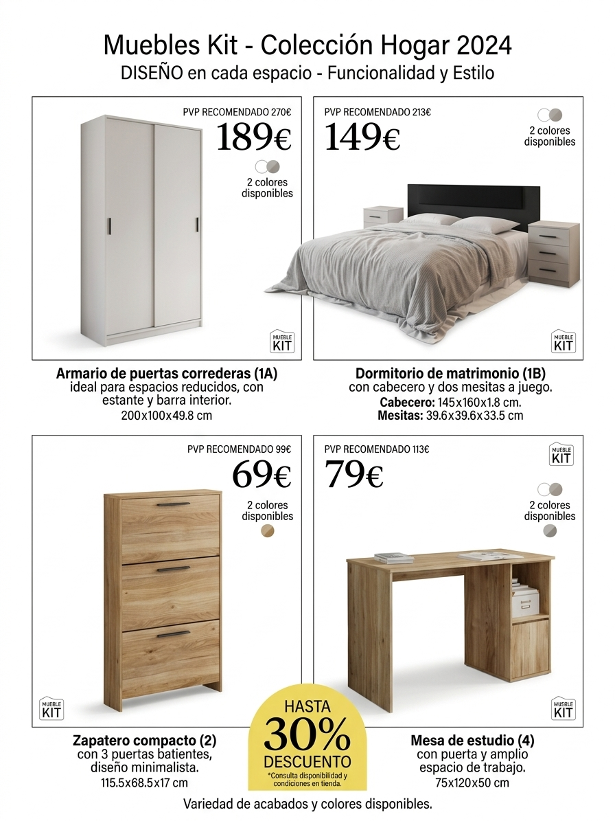 Un folleto de la colección de muebles de 2024 que incluye un armario, un juego de dormitorio, un zapatero y un escritorio de estudio, con precios y descuentos.