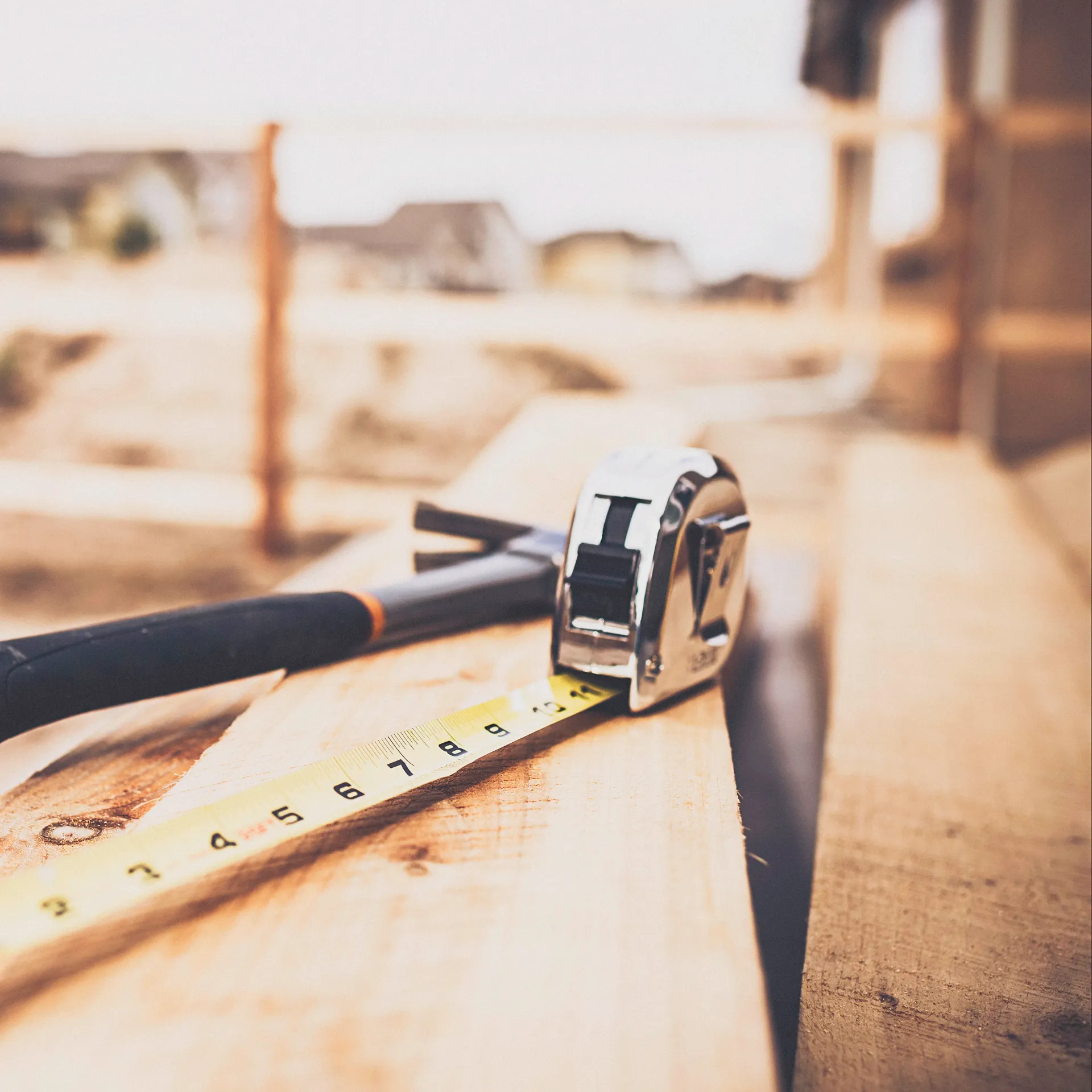 Una cinta métrica amarilla y un martillo descansan sobre una tabla de madera en una obra en construcción.