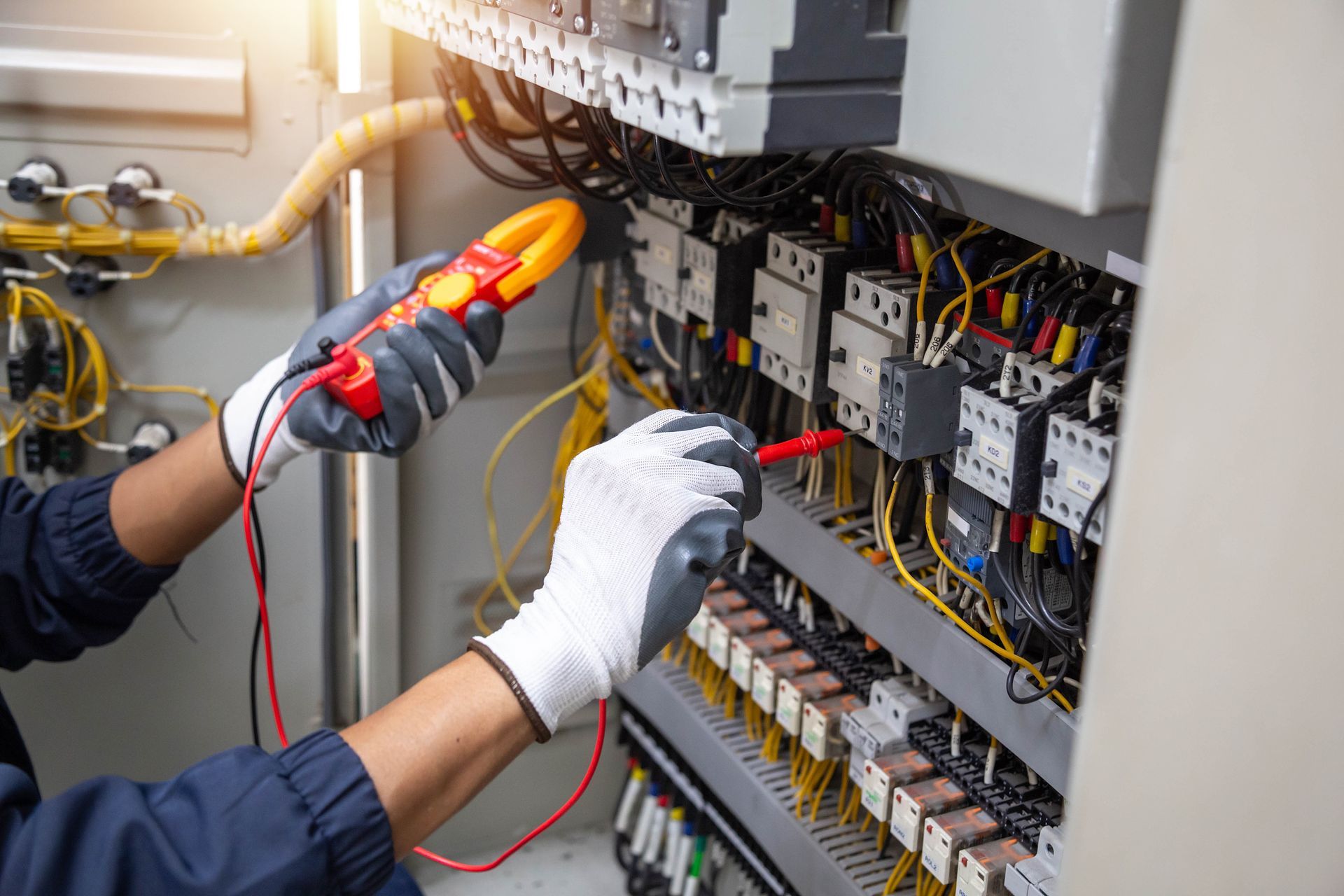 Un technicien teste le câblage d'un tableau électrique à l'aide d'un multimètre.