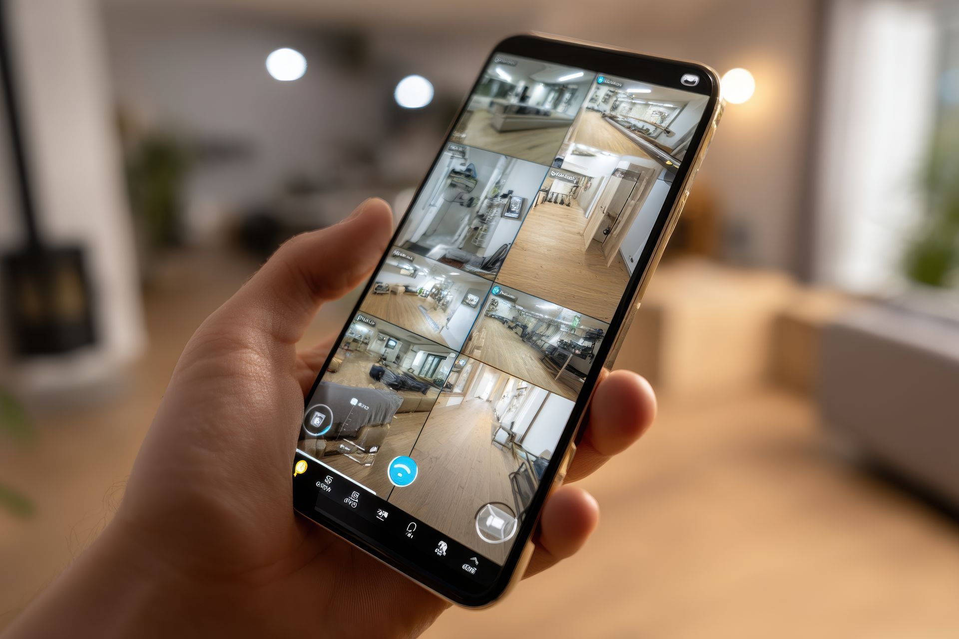 Des mains utilisent un smartphone avec une application de sécurité ouverte.