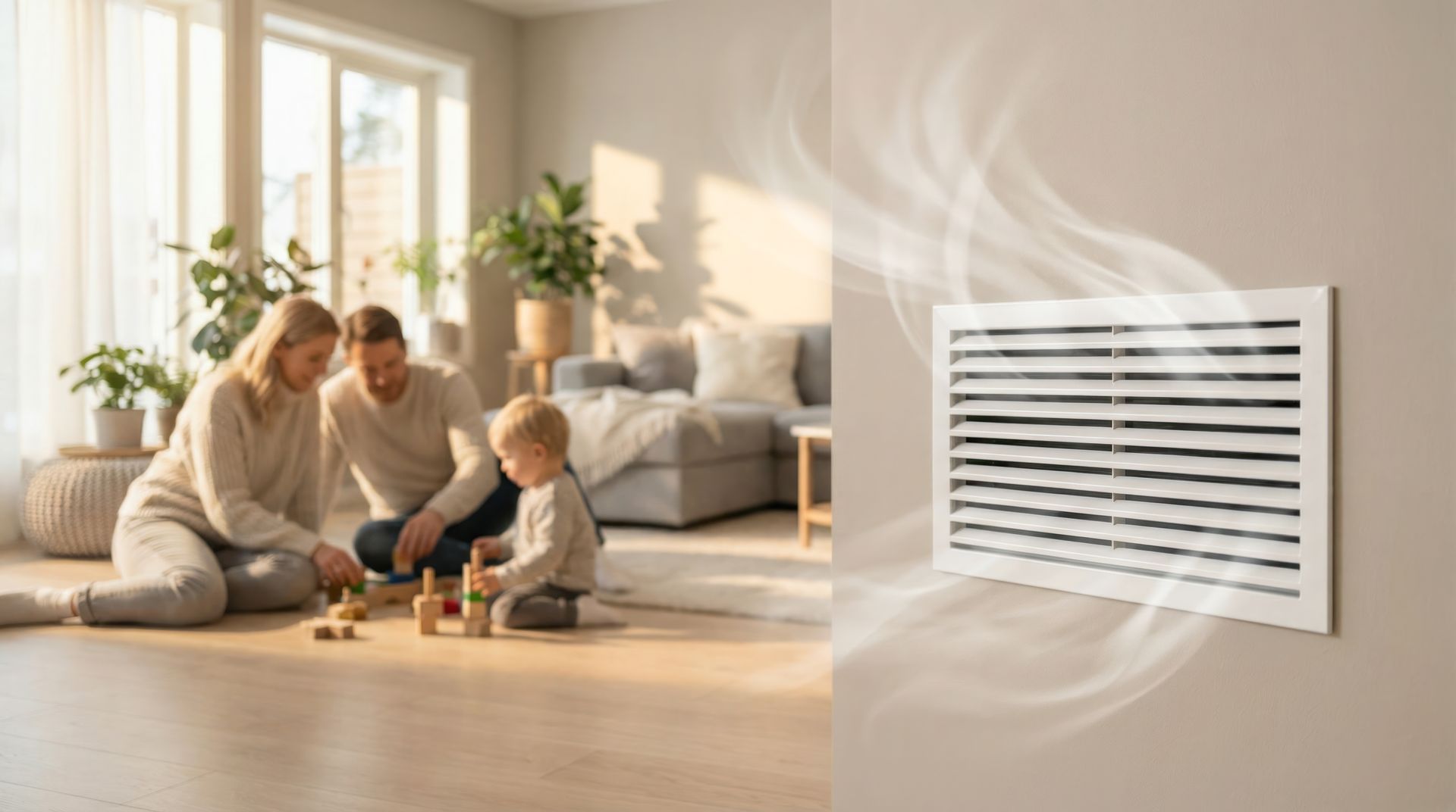 Une famille joue sur le sol ensoleillé d'un salon, à côté d'une grille d'aération murale.