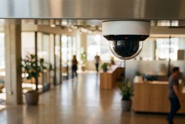 Caméra de sécurité donnant sur un hall d'immeuble de bureaux moderne et lumineux.