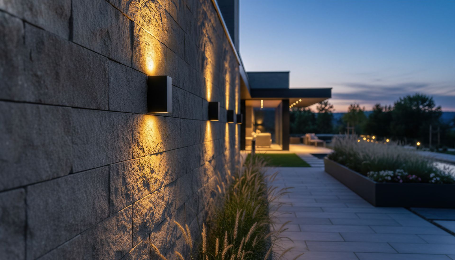 Extérieur de maison moderne avec allée en pierre, jardin paysager et éclairage chaleureux en soirée.