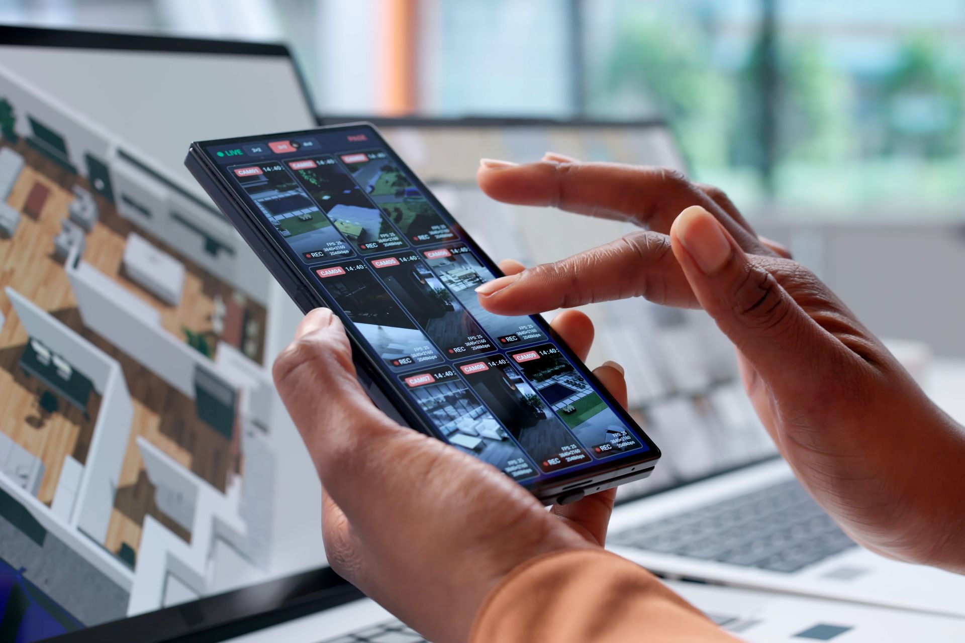 Des mains utilisent un smartphone avec une application de sécurité ouverte.