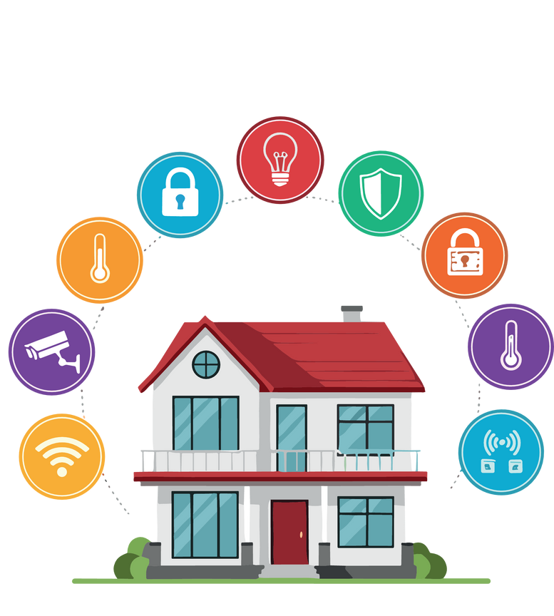 Illustration d'une maison intelligente entourée d'icônes représentant la sécurité, l'éclairage, le Wi-Fi et le contrôle de la température.