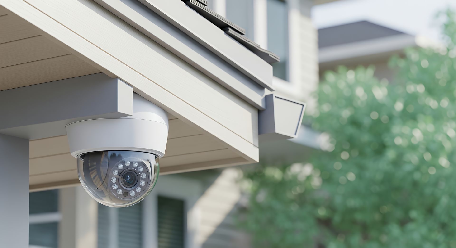 Caméra de sécurité installée devant une maison blanche.