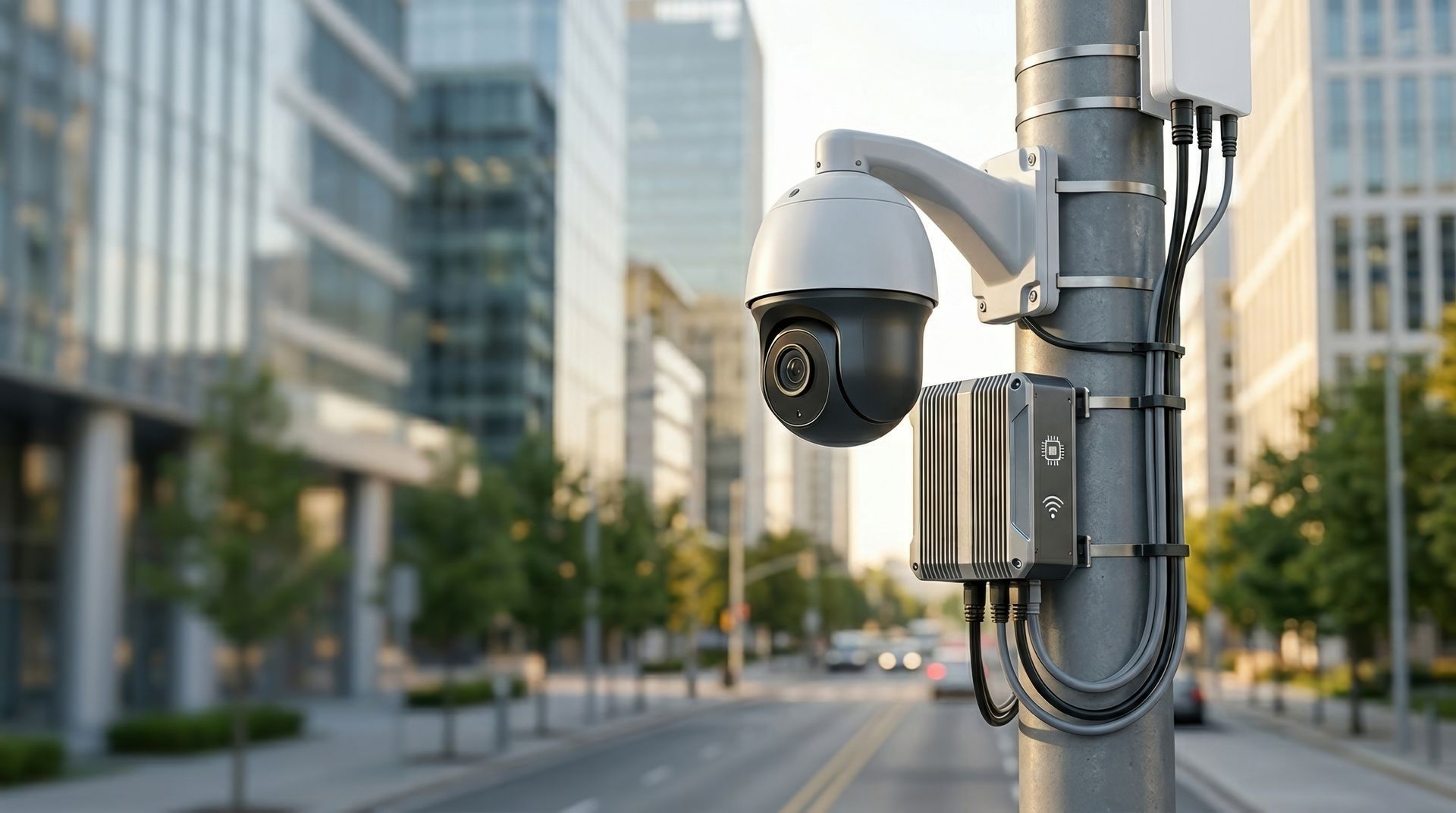 Caméra de sécurité fixée sur un poteau dans une rue.