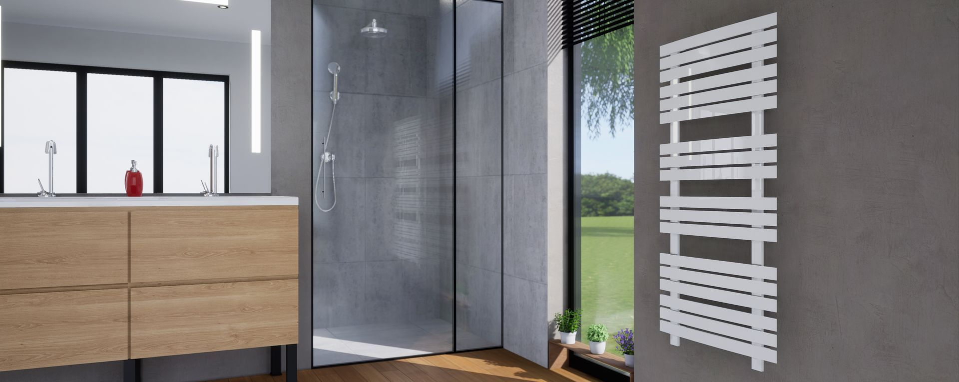Salle de bains moderne avec meuble-lavabo en bois, douche en verre et sèche-serviettes blanc près d'une fenêtre.