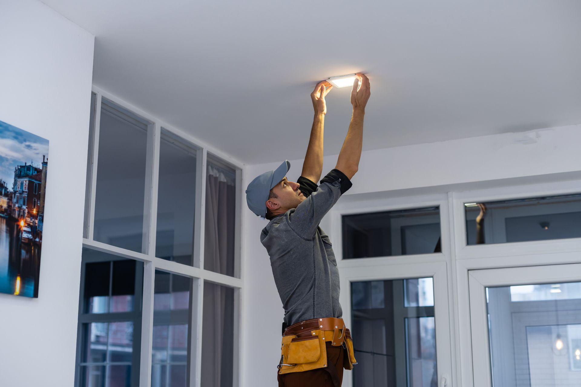 Un ouvrier installe un plafonnier dans une pièce lumineuse.