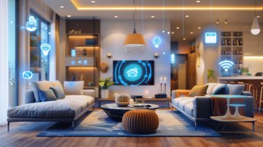 Salon moderne connecté avec des icônes technologiques bleues.