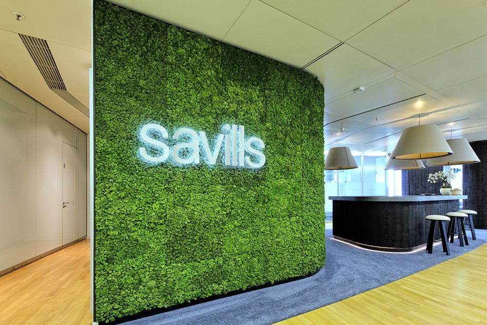 Eine grüne Wand mit dem Wort Savils darauf