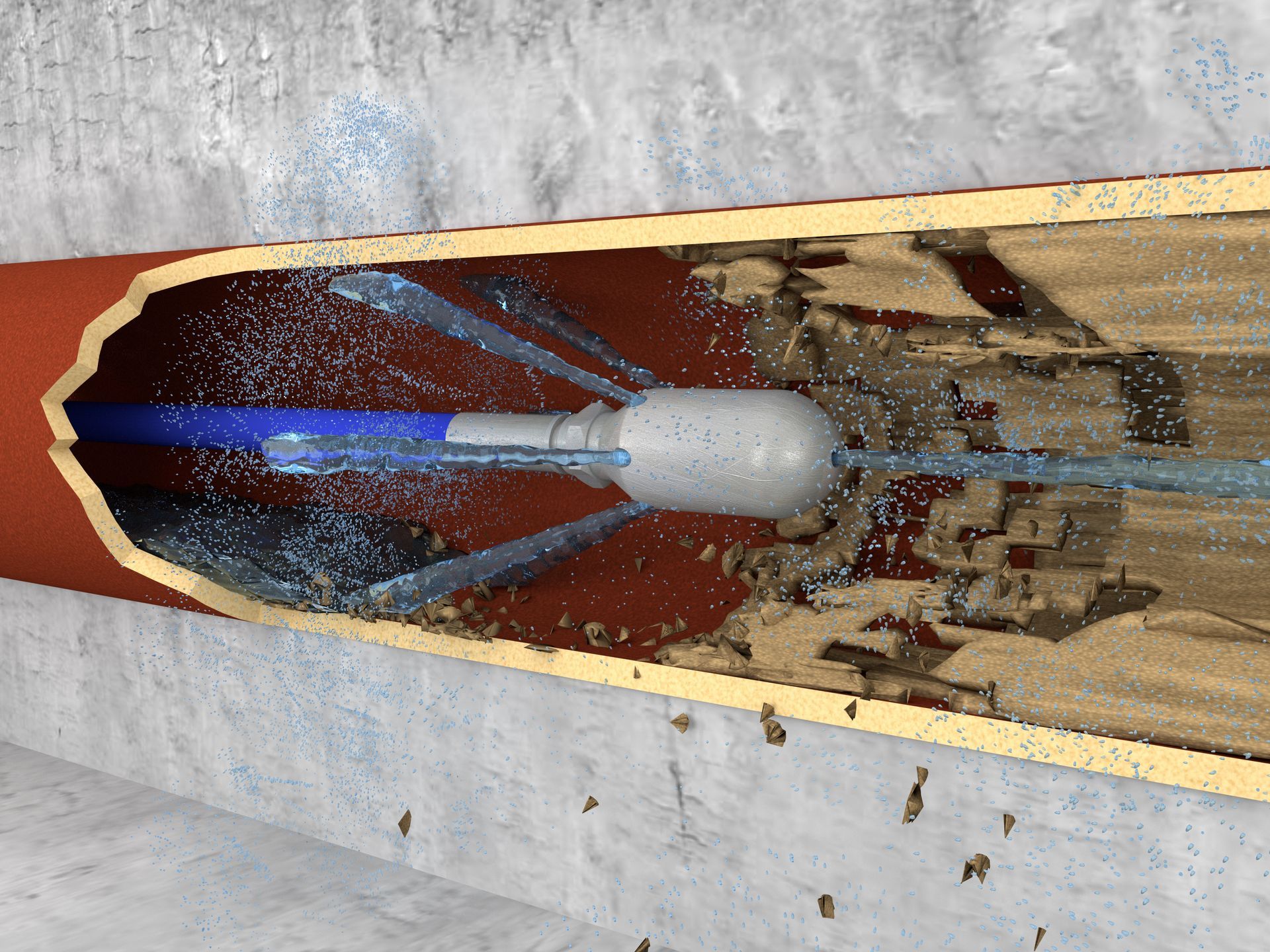 Nettoyage d'une canalisation d'égout par hydrocurage.