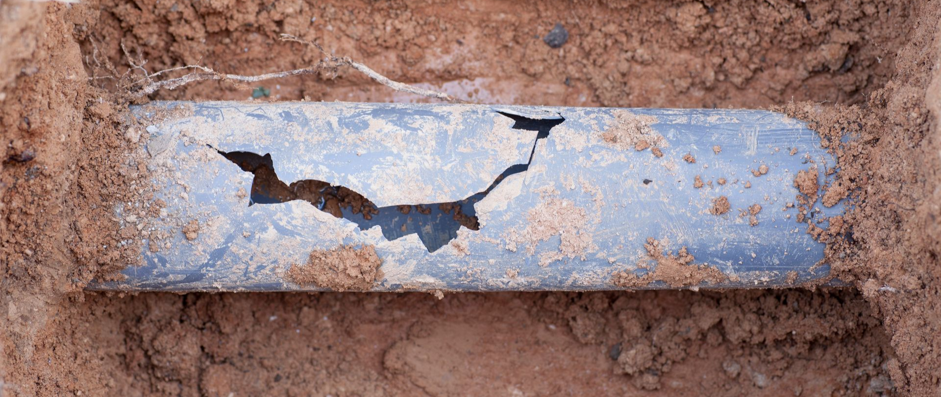 Tuyau bleu endommagé, enfoui dans un sol en terre.