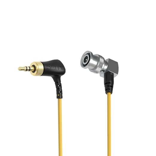 Cable de audio amarillo con conector jack de 3,5 mm y conector BNC. Ambos conectores son acodados.
