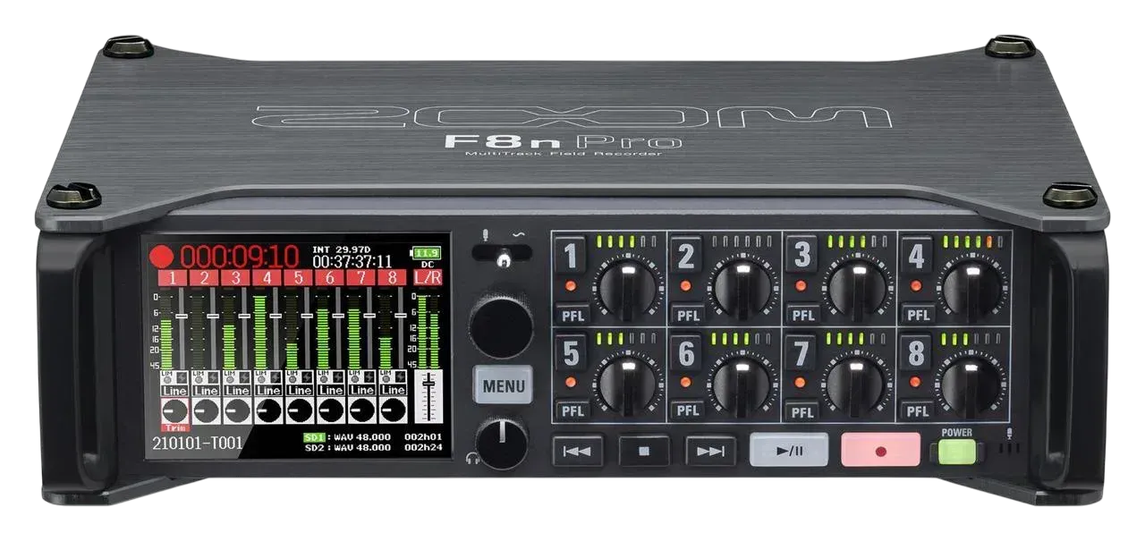 Grabadora de audio negra con pantalla y ocho diales.