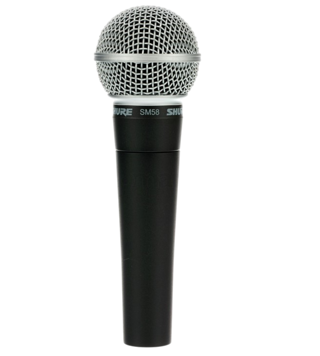 Micrófono Shure SM58 negro, con rejilla de malla metálica plateada, en posición vertical.