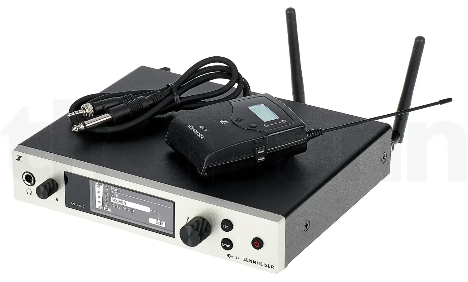 Sistema de micrófono inalámbrico negro con micrófono de diadema y antena.