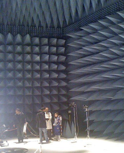 Personas en una cámara anecoica con paredes absorbentes de espuma oscura en forma de pirámide.