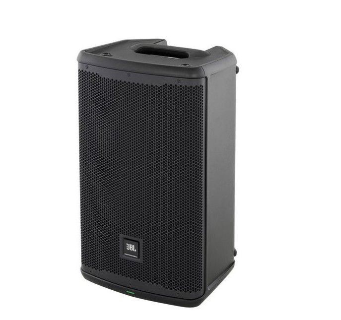 Altavoz portátil JBL PA negro con frontal de malla y asa superior.
