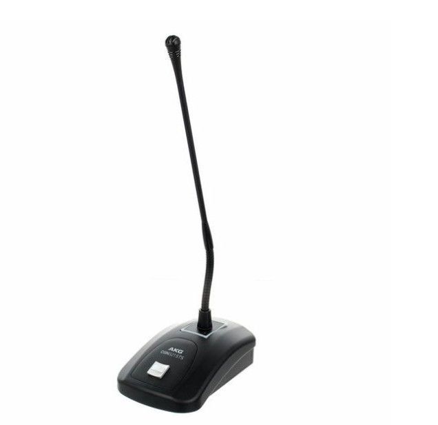 Micrófono de cuello de cisne negro sobre base negra, probablemente para una conferencia o presentación.