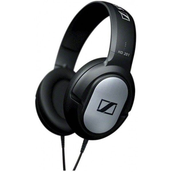 Auriculares Sennheiser HD 201 negros con auriculares plateados; el cable se extiende hacia abajo.