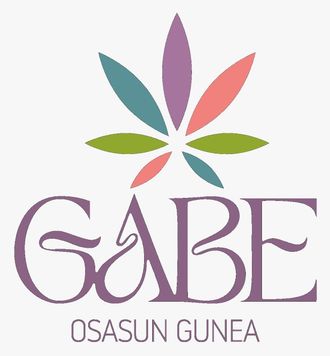 Logotipo con un icono de hoja estilizada y colorida sobre el texto morado "GABE" y el texto más pequeño.