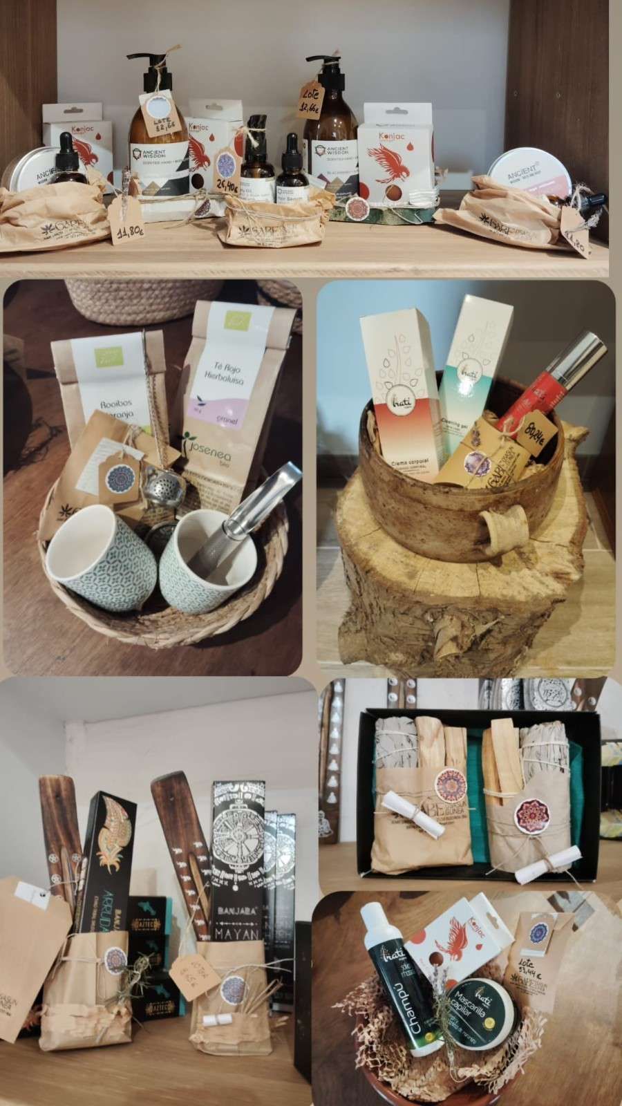 Un collage que muestra varios conjuntos de productos artesanales para el cuidado de la piel, té y paquetes de regalo para el bienestar, expuestos en estantes de madera.