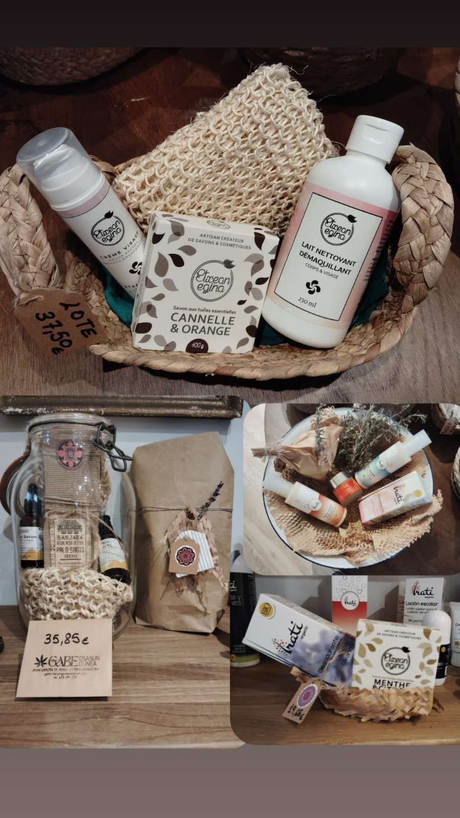 Un collage que muestra varias cestas de regalo y frascos que contienen productos naturales para el cuidado de la piel y el baño, con sus respectivas etiquetas de precio.
