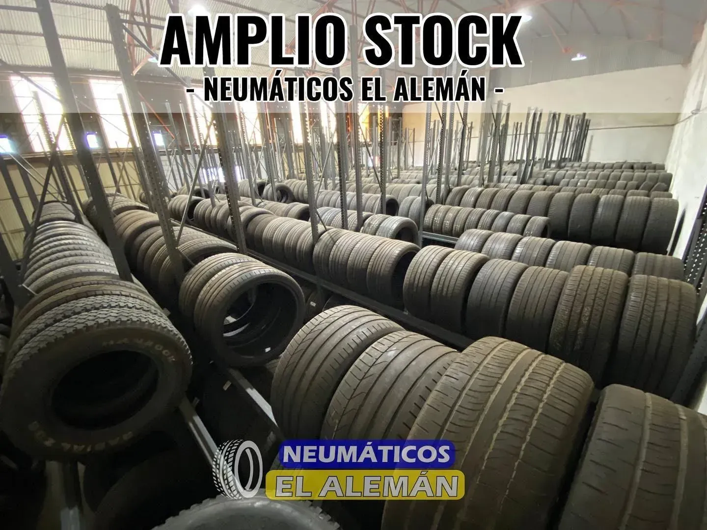 Bodega con gran cantidad de llantas, rotulada 