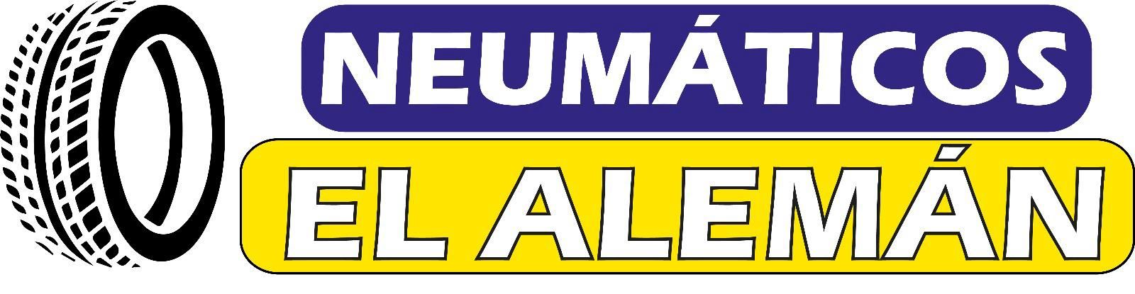 Logotipo con ícono de neumático y texto “NEUMÁTICOS EL ALEMÁN” en color blanco sobre rectángulos azul y amarillo.