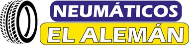 Logotipo con ícono de neumático y texto “NEUMÁTICOS EL ALEMÁN” en color blanco sobre rectángulos azul y amarillo.