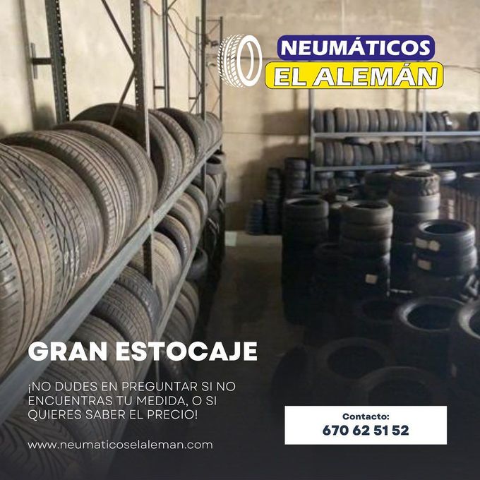 Filas de neumáticos en una bodega, anuncio de 