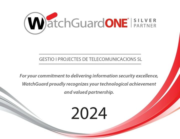 Certificado premio WatchGuardONE Silver Partner para GESTIO I PROJECTES DE TELECOMUNICACIONS SL, 2024