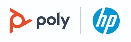 Logotipos de Poly y HP separados por una línea vertical sobre un fondo blanco.