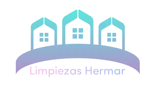 Logotipo de Limpiezas Hermar, un servicio de limpieza. Presenta tres casas estilizadas en azul verdoso, dispuestas sobre un arco morado, con texto debajo.