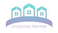 Logotipo de Limpiezas Hermar, un servicio de limpieza. Presenta tres casas estilizadas en azul verdoso, dispuestas sobre un arco morado, con texto debajo.