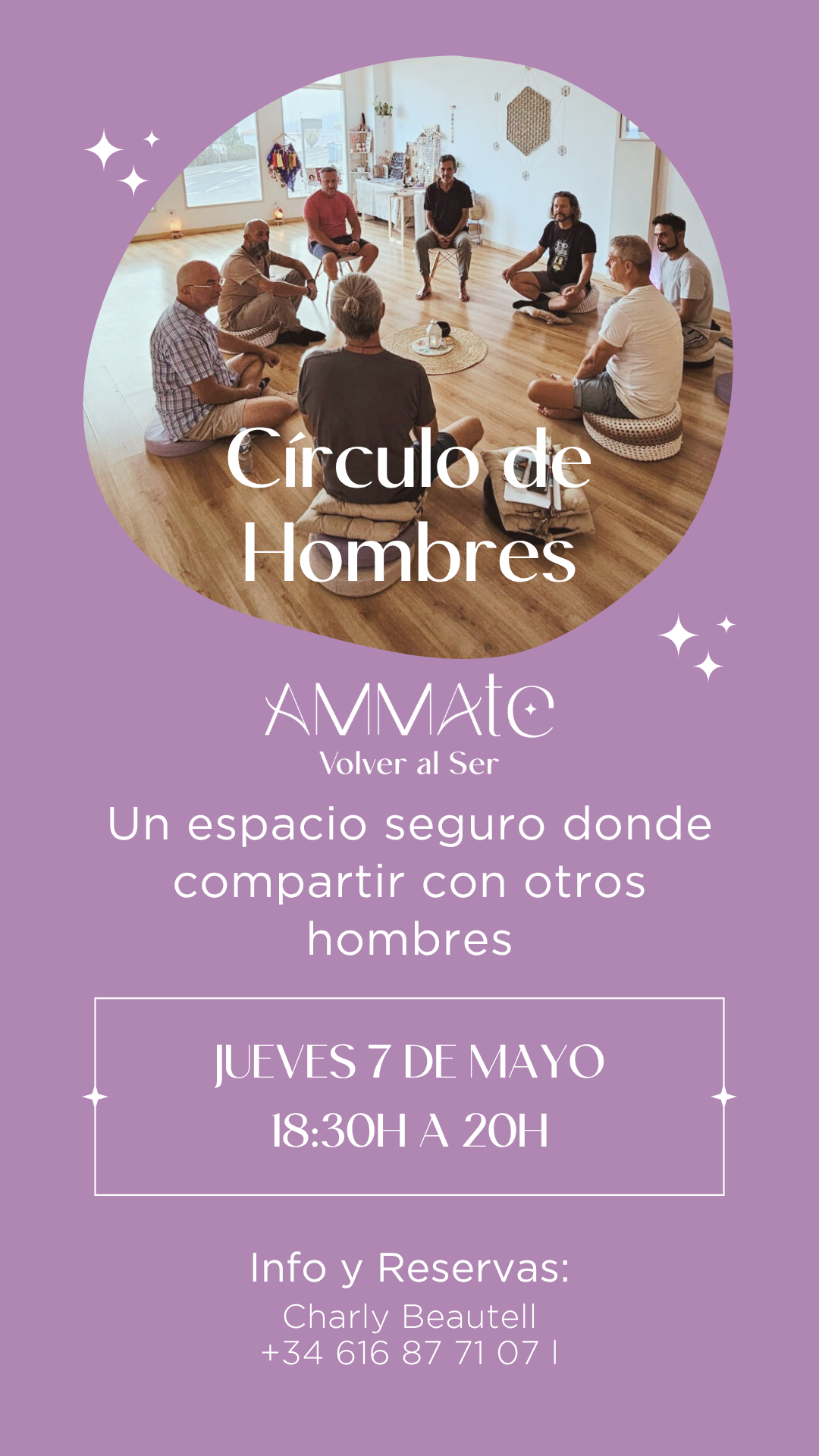 Folleto promocional para una sesión de baño de sonido. Fondo morado con texto y foto de una mujer.