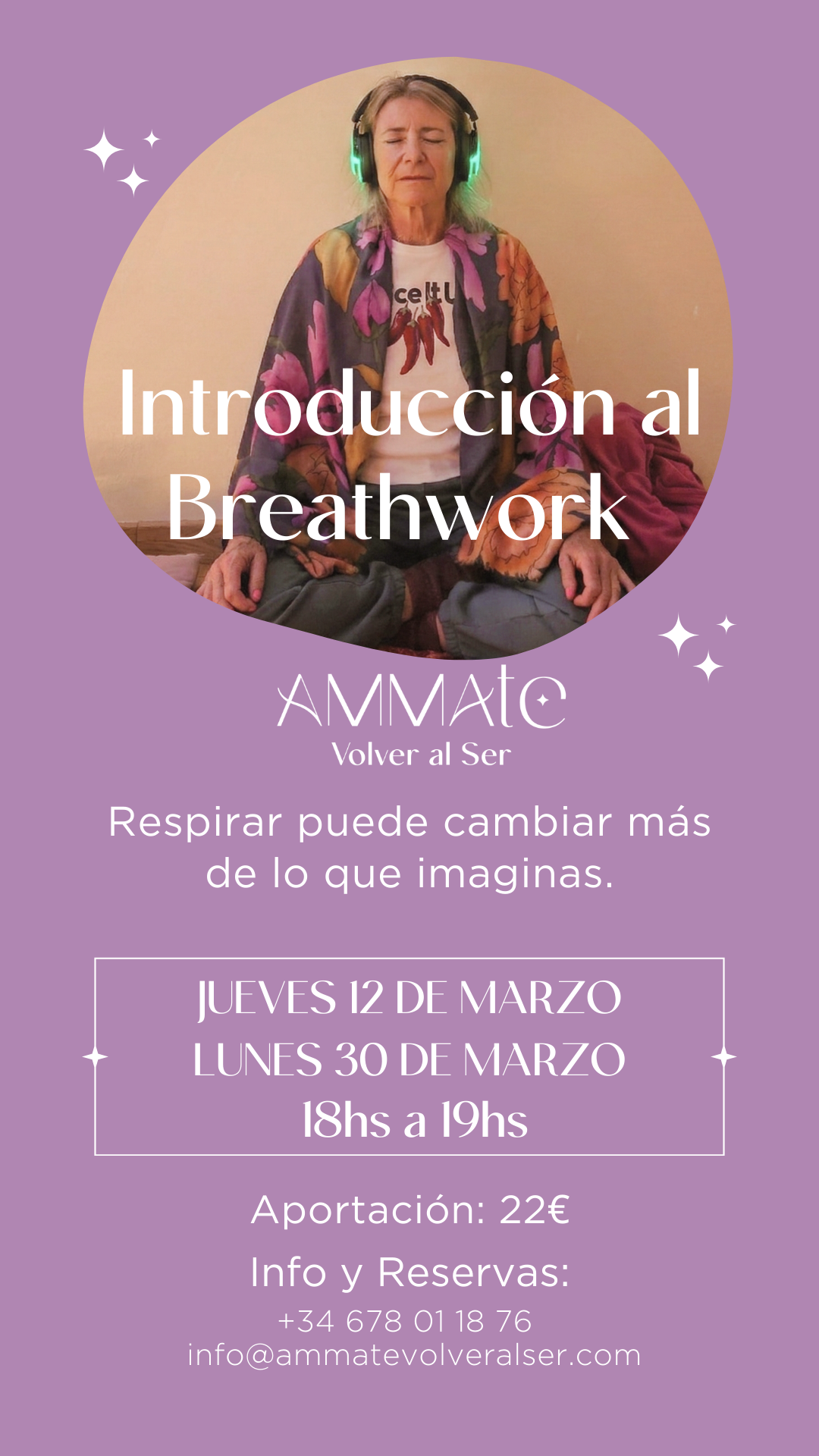 Folleto promocional para una sesión de baño de sonido. Fondo morado con texto y foto de una mujer.