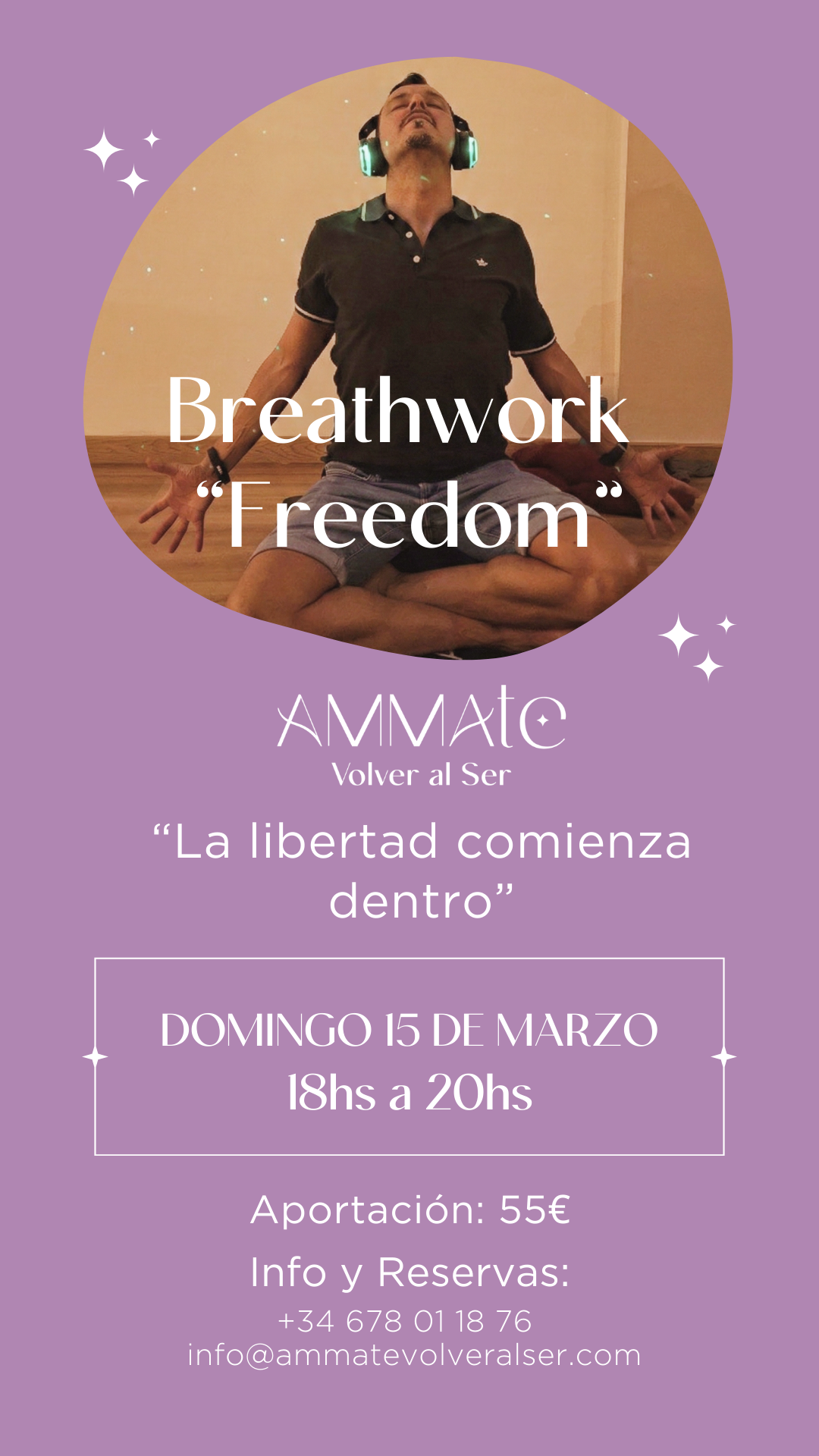 Cartel que anuncia una sesión de respiración y sanación sonora. Tonos morados, texto en español.