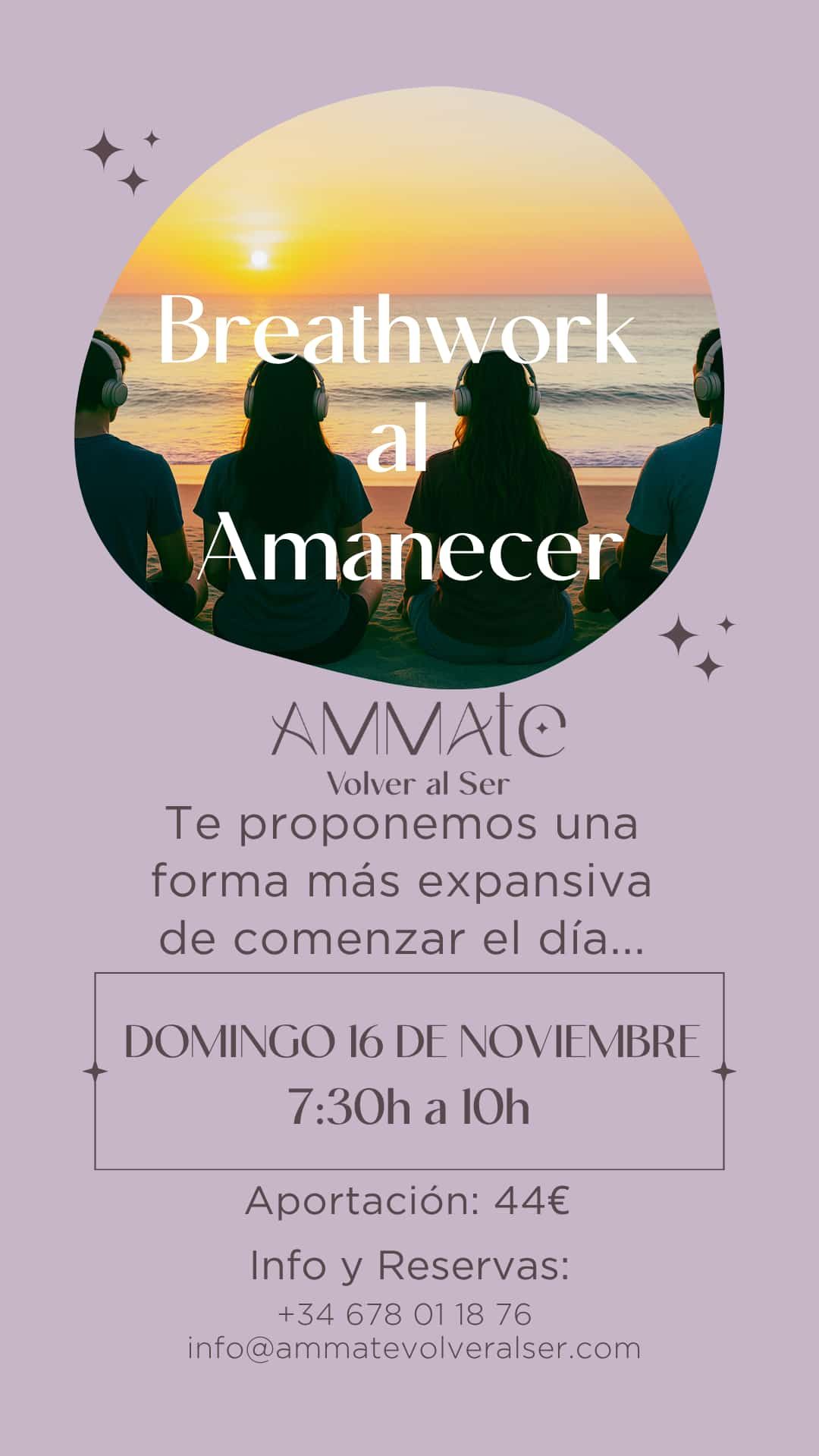 Anuncio de una sesión de respiración al amanecer. Texto sobre una imagen de playa con fondo morado.