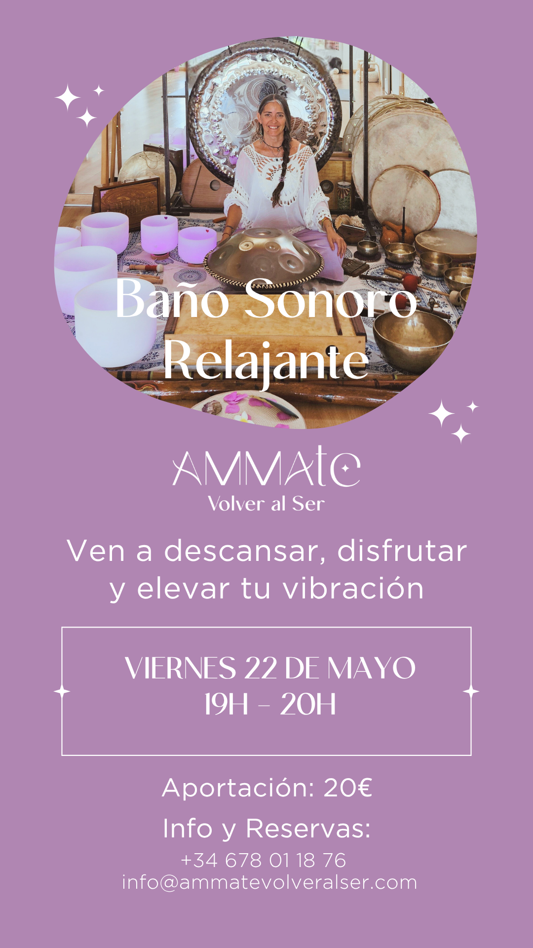 Folleto promocional para una sesión de baño de sonido. Fondo morado con texto y foto de una mujer.
