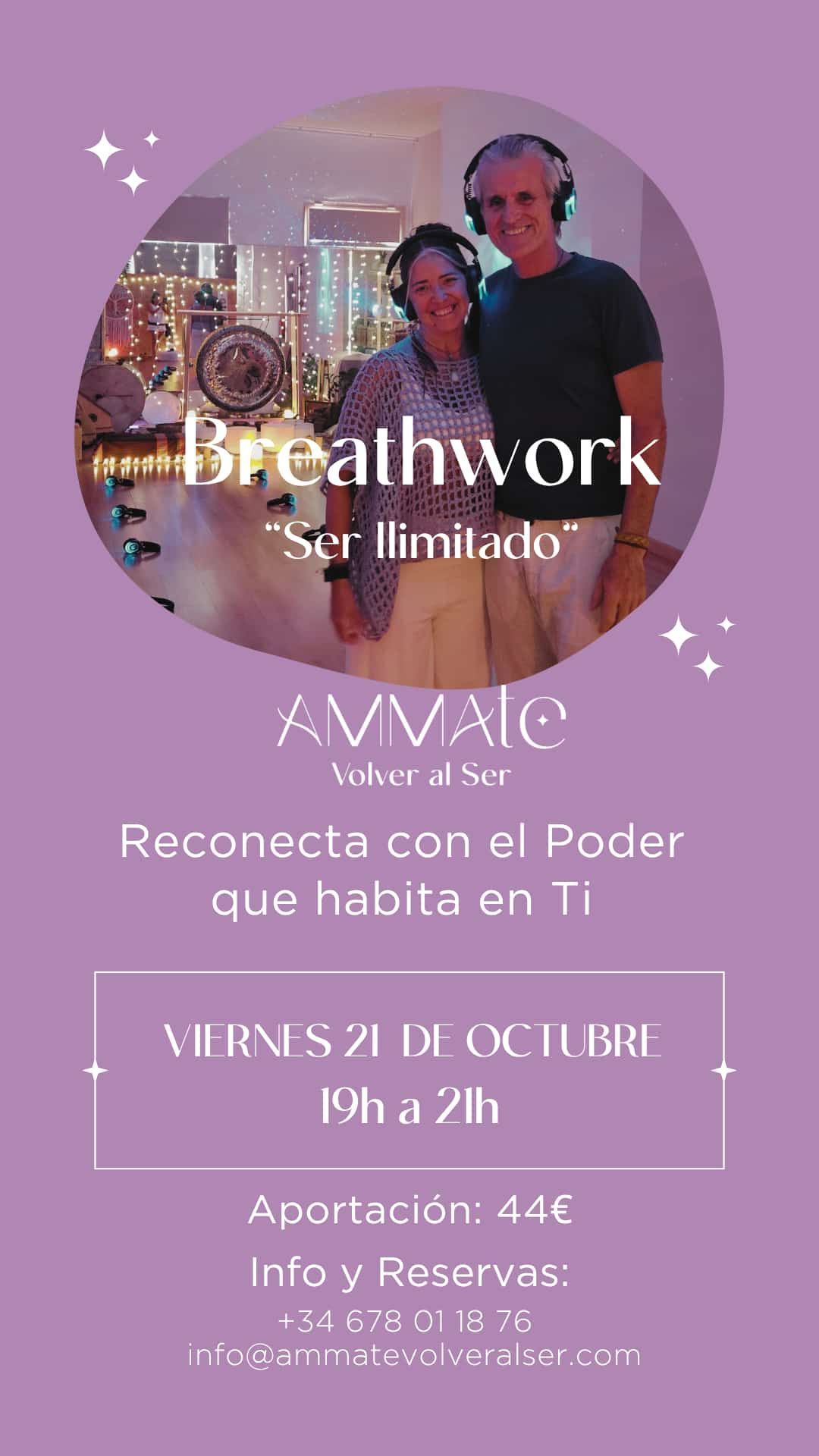 Póster promocional para una sesión de ejercicios de respiración. Fondo morado con texto y una foto de dos personas con auriculares.