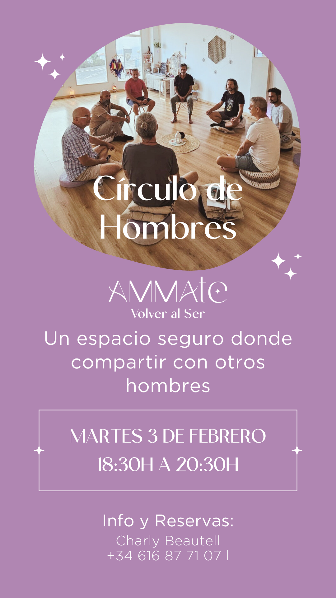 Folleto promocional para una sesión de baño de sonido. Fondo morado con texto y foto de una mujer.